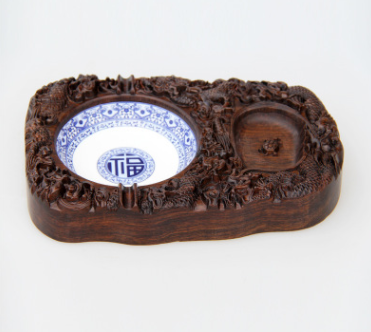 红鼎天 黑梓木烟灰缸陶瓷青花瓷红木古典摆件木雕烟缸工艺品礼品