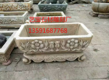 仿古鱼缸 汉白玉鱼缸花盆 老石槽流水盆 青石荷花鱼缸曲阳石雕