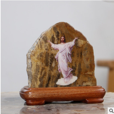 新款天然木化石耶稣画像摆件 创意家居软装家装奇石贴花工艺礼品