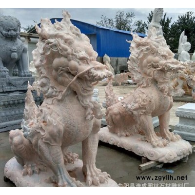 直销 石雕晚霞红 动物麒麟 镇宅辟邪招财摆件  曲阳石雕麒麟