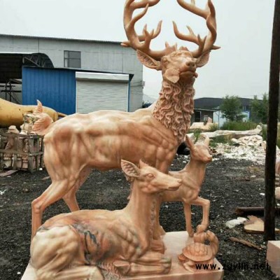 洛彤 汉白玉石雕鹿母子 北京石雕鹿小鹿 石雕鹿 晚霞红鹿