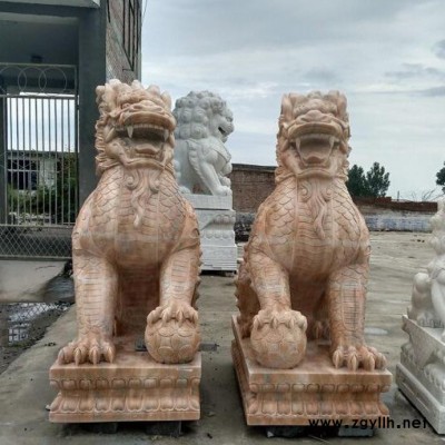 石雕动物雕刻 晚霞红柱子头石雕麒麟曲阳定做大小件麒麟