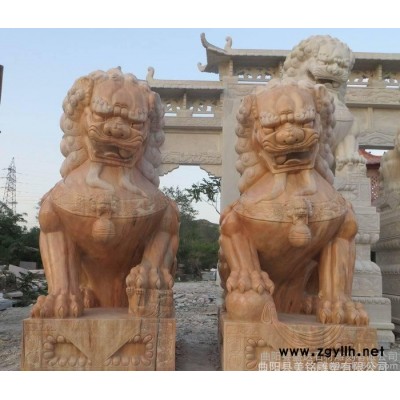 石雕狮子一对晚霞红狮子大型狮子雕塑摆件镇宅辟邪雕塑曲阳石雕