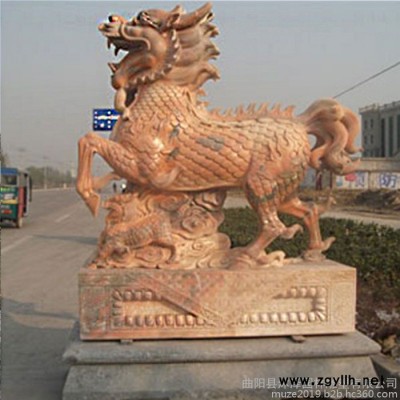 沐泽石雕麒麟动物雕塑晚霞红大理石看门纳福神兽石雕火麒麟酒店门口雕塑