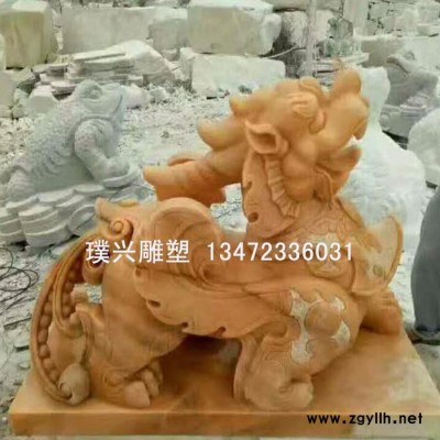 璞兴雕塑 石雕貔貅晚霞红貔貅汉白玉貔貅制作