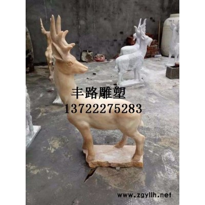 石雕小鹿 大理石晚霞红母子鹿 动物雕塑