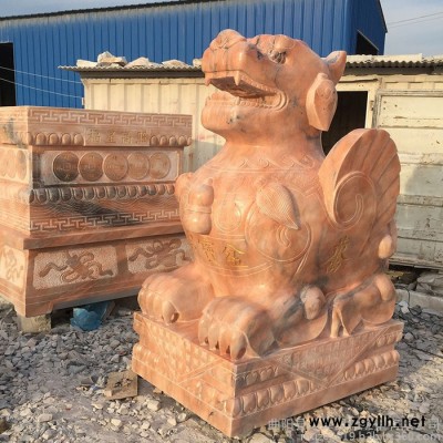 沐泽供应石雕貔貅晚霞红石材貔貅招财吉祥神兽定做各种石材园林动物