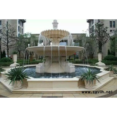 石雕直径3米跌水钵，黄锈石喷泉，花岗岩喷泉雕塑