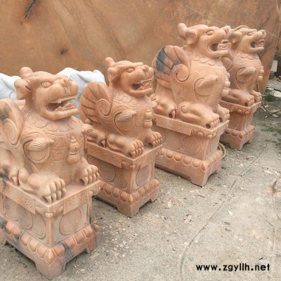 沐泽现货供应石雕貔貅 晚霞红石材貔貅一对价门口石头貔貅招财摆件