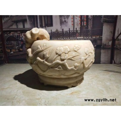 石雕雕刻汉白玉梅花桩石盆 直径34高25公分 包邮1500，不包邮1400一个