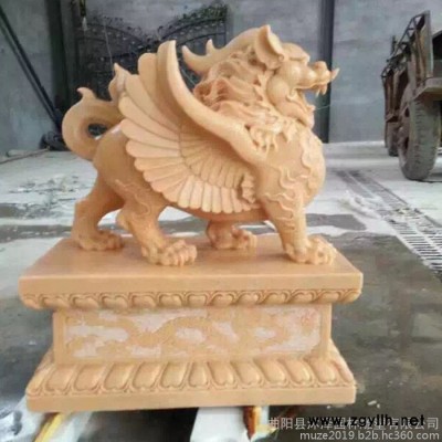 沐泽供应园林石雕动物招财神兽晚霞红石材貔貅麒麟公司酒店门口看门摆件