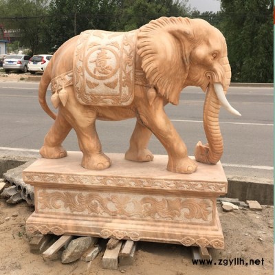 沐泽厂家供应晚霞红汉白玉石雕大象吉祥如意小象酒店门口招财象摆件