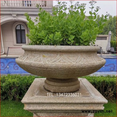 璞兴雕塑 石雕花盆小区门口广场黄锈石花盆加工 **