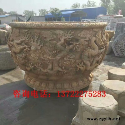 丰路专业雕刻天然大理石石雕圆形花盆鱼缸龙纹雕刻户外庭院大型摆件