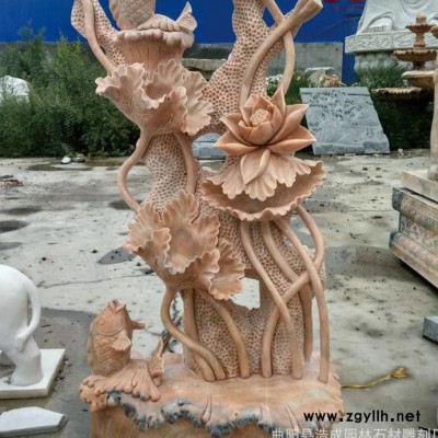 直销 石雕鱼跃荷花 晚霞红 园林石刻工艺品