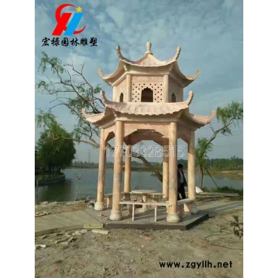 石雕凉亭大理石花岗岩石亭子中式仿古六角凉亭公园寺庙石凉亭双层凉亭