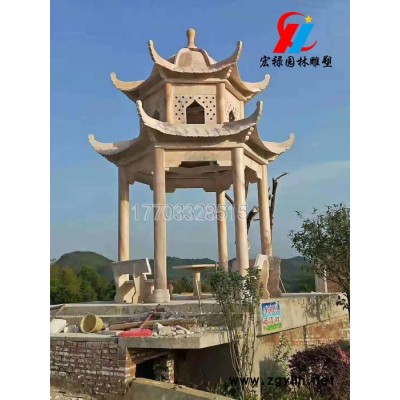 石雕凉亭大理石晚霞红凉亭中式仿古六角凉亭公园寺庙石凉亭双层凉亭