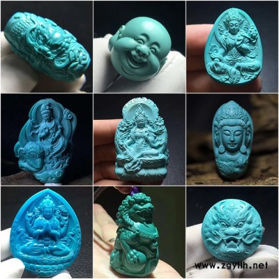 湖北十堰原矿天然高瓷绿松石 原石雕件苏工**观音貔貅龙牌凤牌罗汉佛头手把件弥勒佛吊坠项链