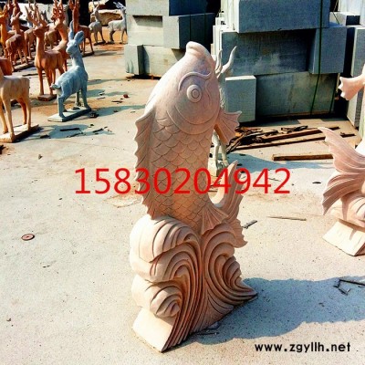 定制            曲阳石雕现货晚霞红石雕鲤鱼 吐