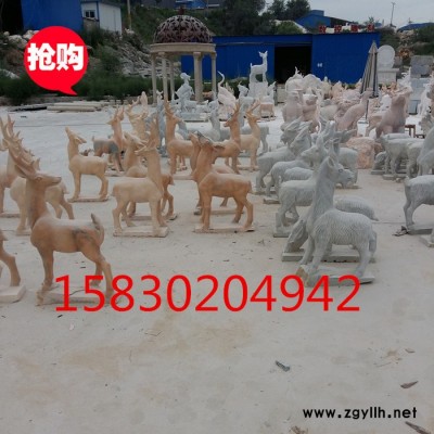 定制            曲阳专业**石雕小鹿 晚霞红小
