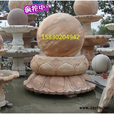 定制            石雕喷泉 晚霞红风水球大理石喷