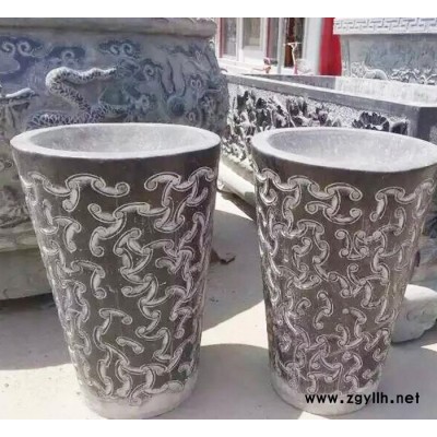 传统文化手工雕刻大理石仿古花盆 传统曲阳石雕