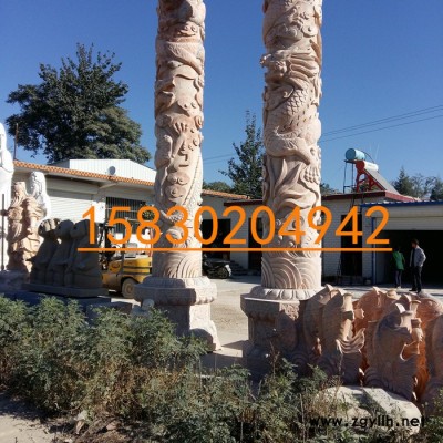 定制            石雕大型盘龙柱 晚霞红汉白玉柱