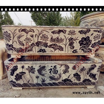 石雕鱼缸长方形鱼缸老石槽流水荷花鱼池仿古做旧石缸曲阳石雕