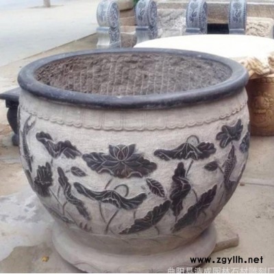 曲阳仿古石雕 青石做旧钵体大鱼缸花盆 大理石鱼缸花盆摆件
