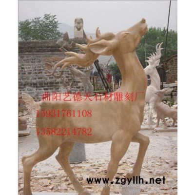 曲阳石雕 鹿工艺品摆件 汉白玉动物雕刻  晚霞红鹿 动物石雕
