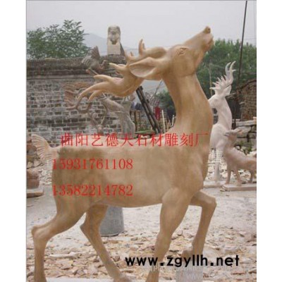 曲阳石雕 鹿工艺品摆件 汉白玉动物雕刻  晚霞红鹿 动物石雕