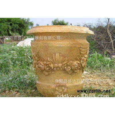 石雕花盆 花岗岩花盆雕刻喷泉 黄锈石花钵   曲阳雕刻