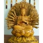 惠祥木雕工艺，樟木雕刻原木色千手观音坐像68公分