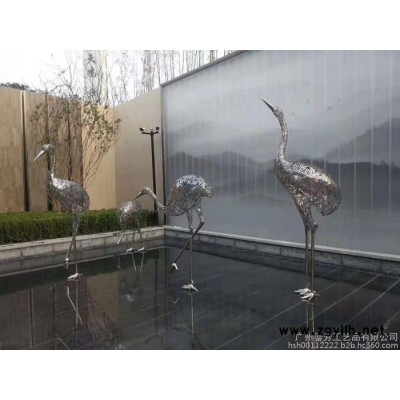 不锈钢字体仙鹤群雕塑  水景造型亮光镜面金属雕塑  工艺品厂家