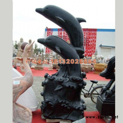 青石海豚雕塑 石雕水景摆件