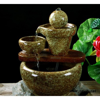 陶瓷流水喷泉摆件 窑变工艺 细水长流石磨 水景鱼缸 开业摆件