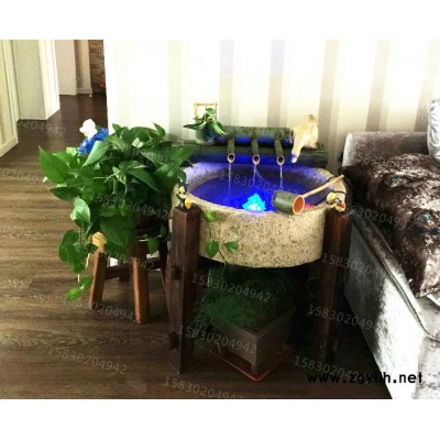 定制            仿古石雕老石磨老石槽竹子流水景