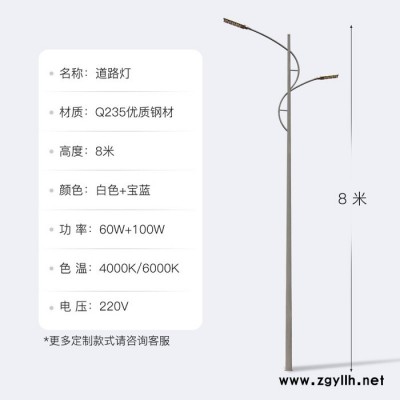 厂家定制高低臂8米城镇市政道路户外防水防锈led亮化路灯 道路灯