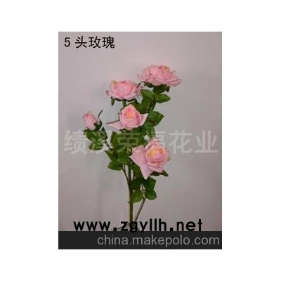 供应高度仿真5头单支玫瑰(图)