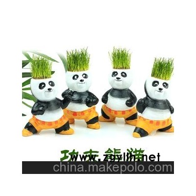 RJ945 功夫熊猫瓷质草头娃娃 桌面迷你植物 青草种植盆栽盆景